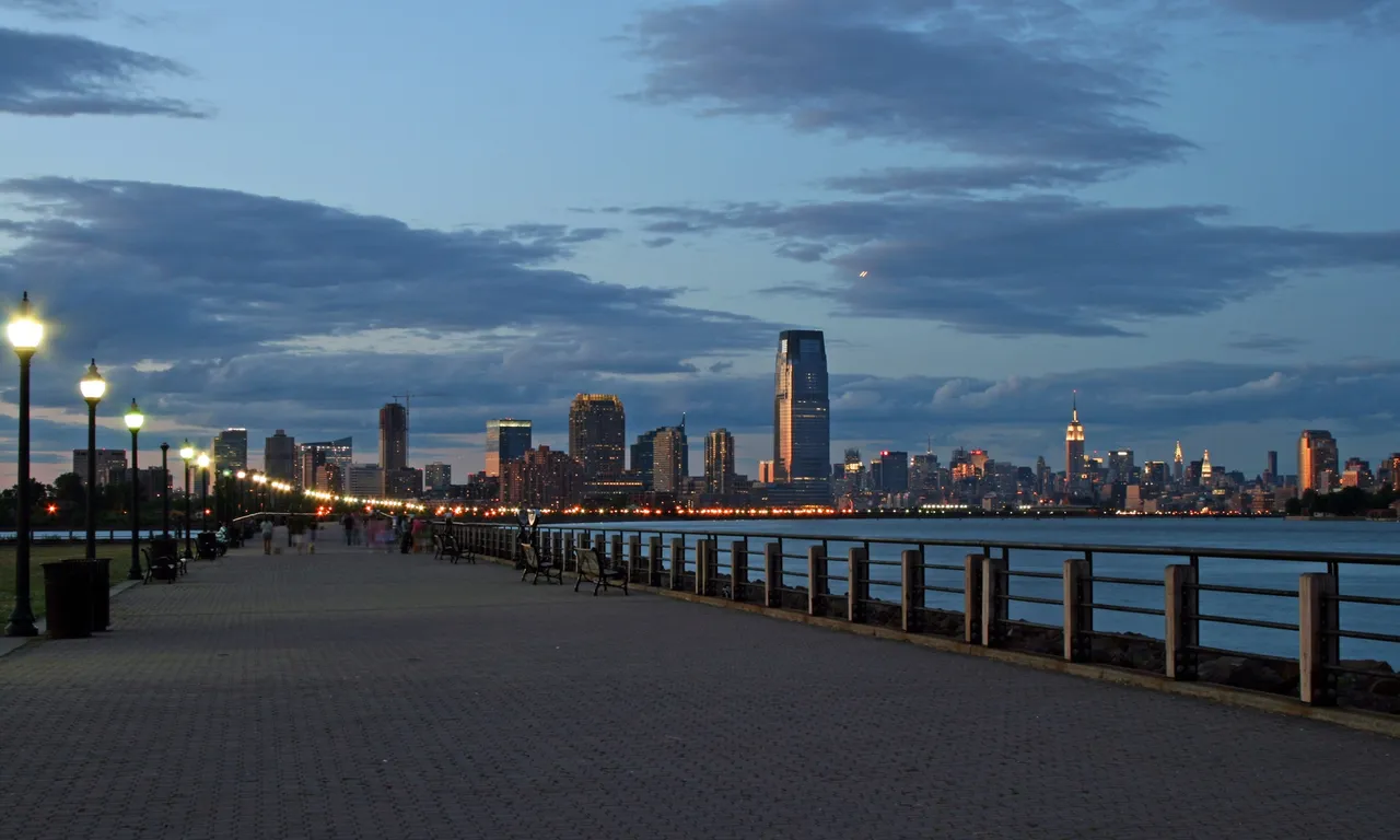 City skyline at dusk with promenade